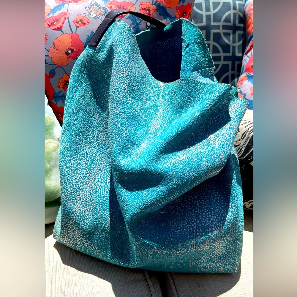 LINDE GALLERY ST BARTH HOBO TOTE MILOU M GALUCHAT, PRINTED SUEDE DENIM Pristine